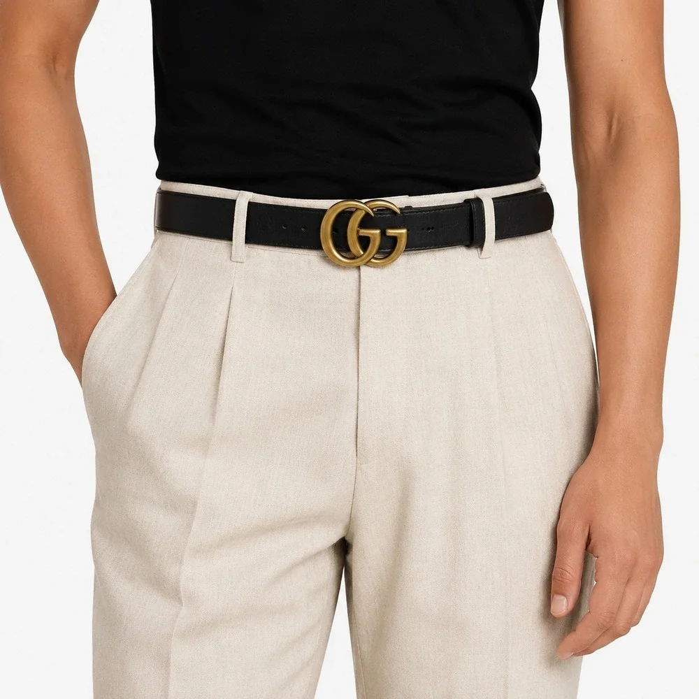 Vintage Gucci GG Marmont Leather Belt Unisex Size 32 Antiqued Gold Buckle w/ COA